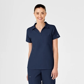W123 Women's Collar Scrub Top - Navy