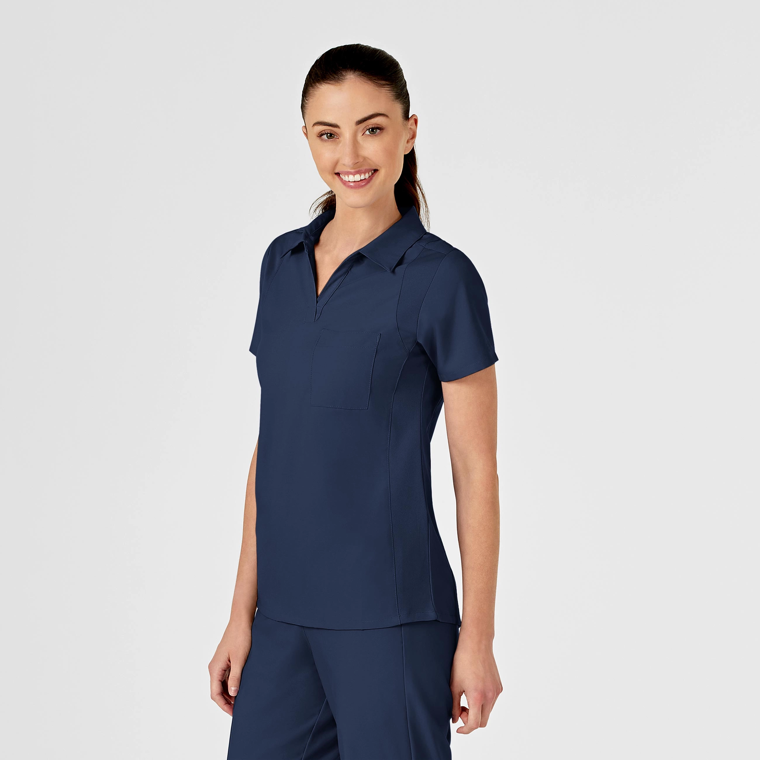 W123 Women's Collar Scrub Top - Navy