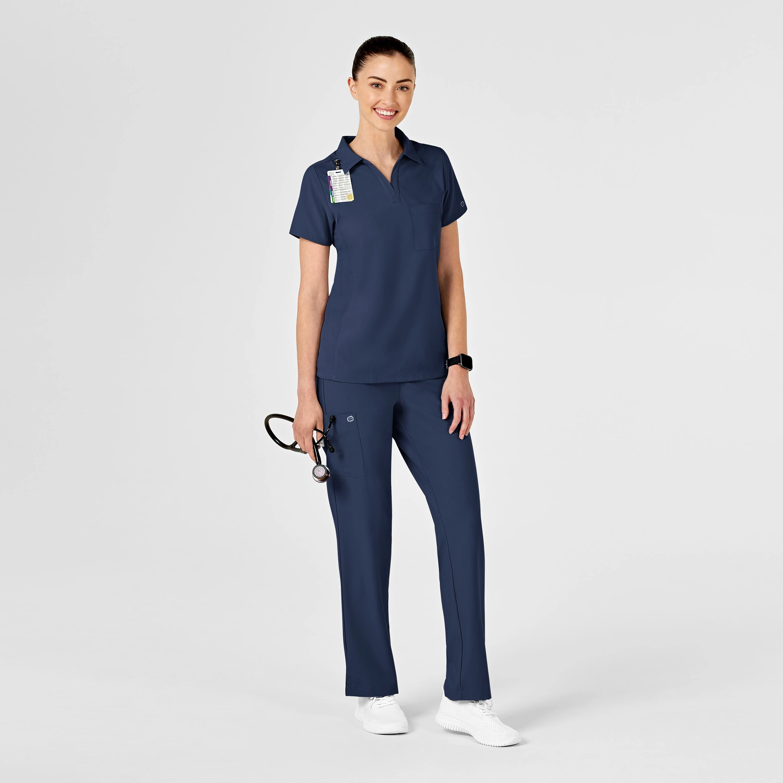 W123 Women's Collar Scrub Top - Navy