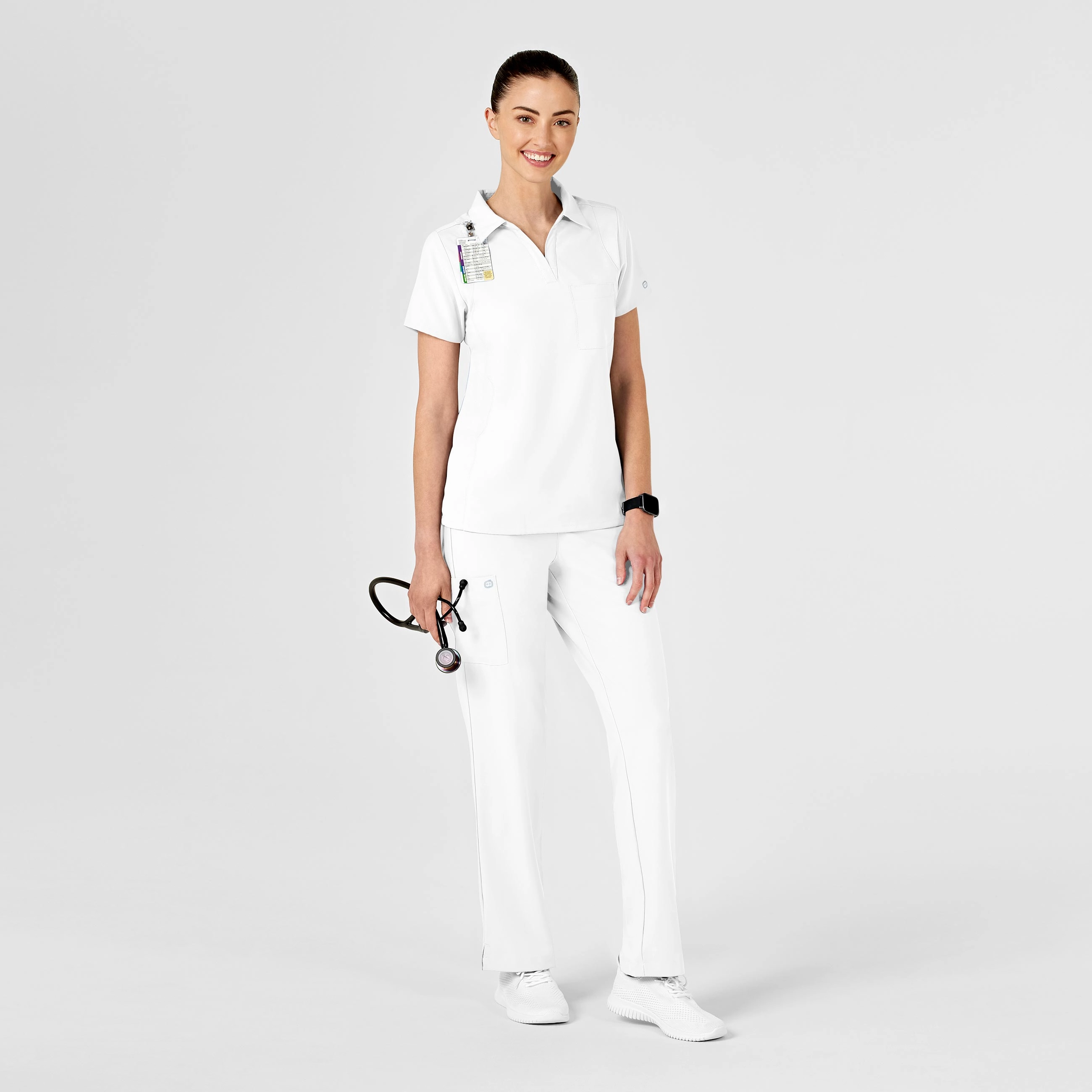 W123 Women's Collar Scrub Top - White