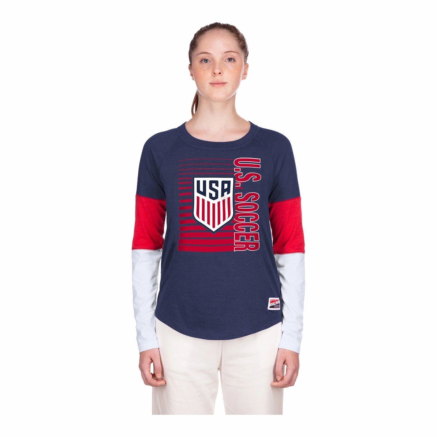 Women's New Era USMNT Colorblock Navy Long Sleeve Tee