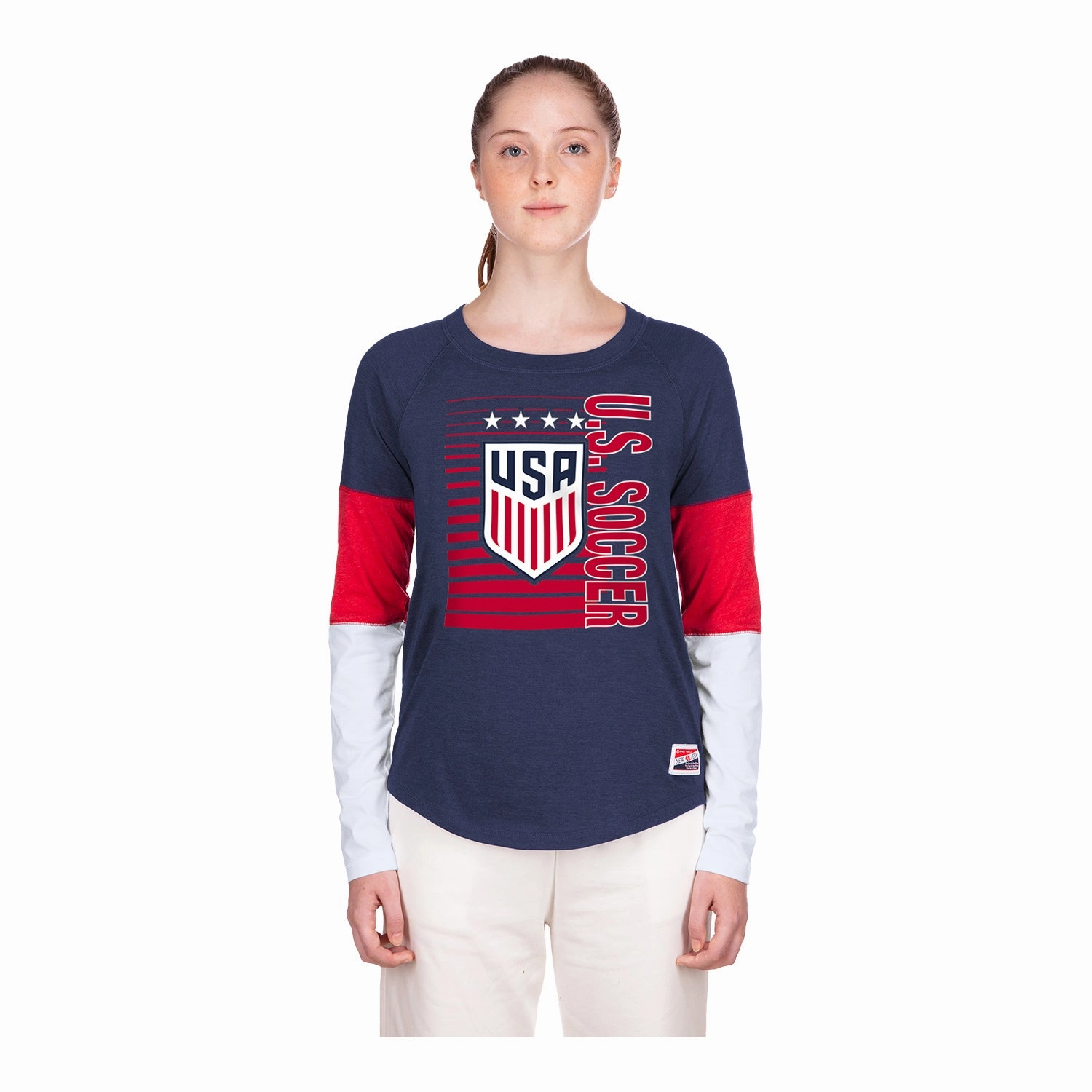 Women's New Era USWNT Colorblock Navy Long Sleeve Tee